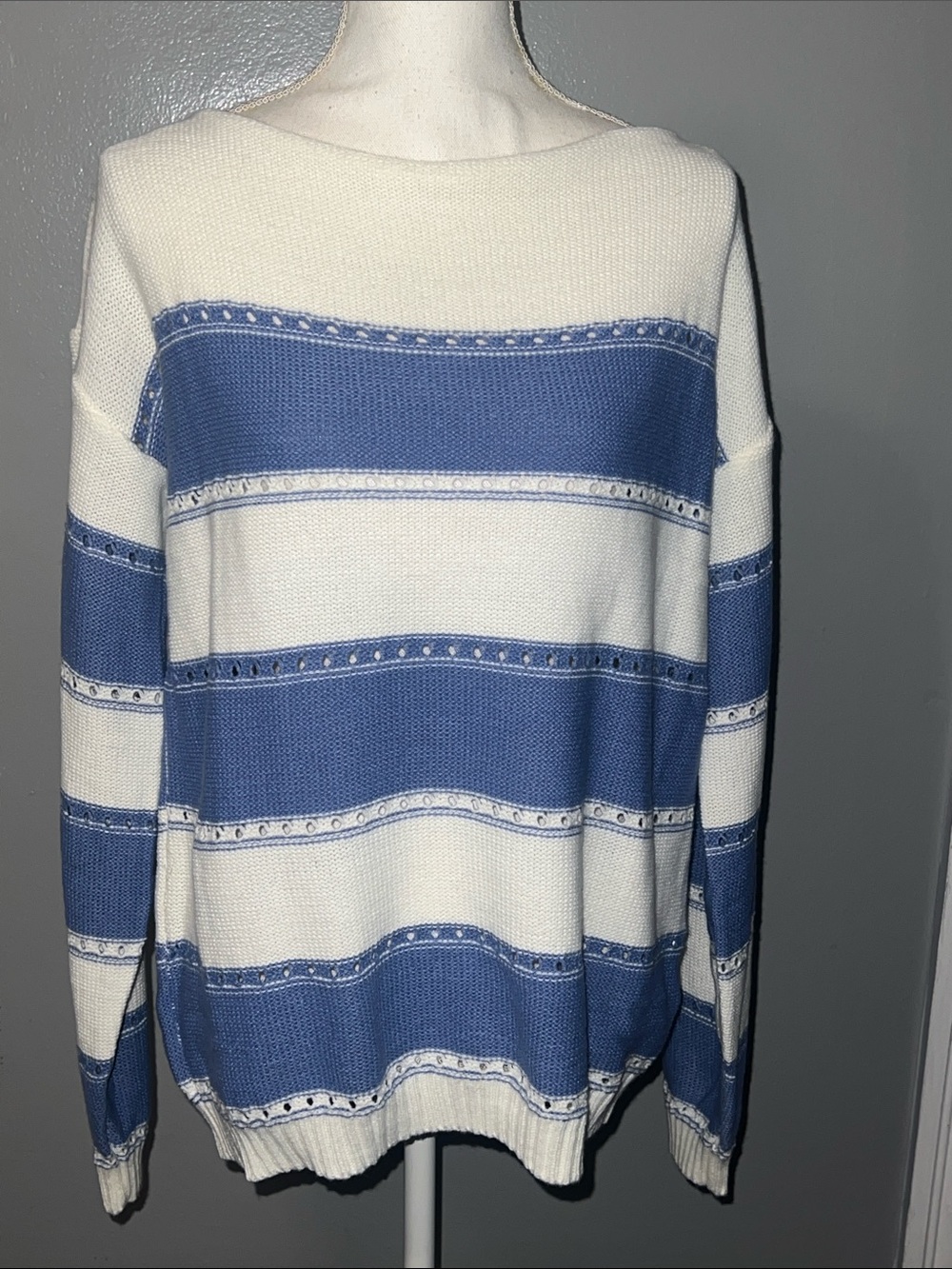 Striped Blue and Cream Knit Boatneck Sweater